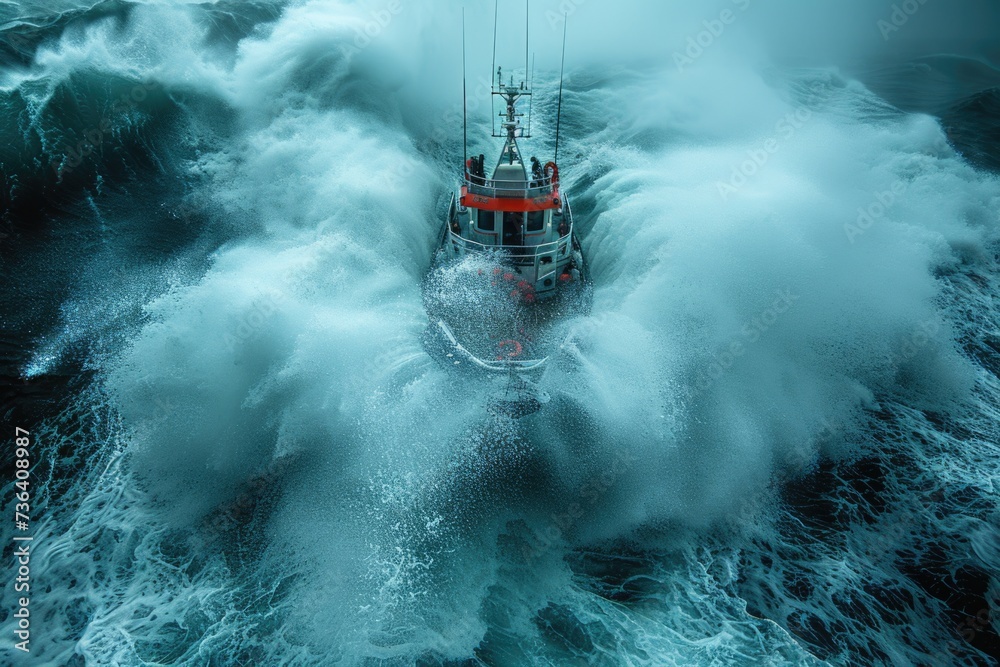 A rescue boat in the midst of powerful sea waves, showcasing the severity of the storm.