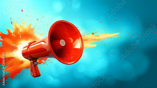 An orange megaphone bursts into action against a blue, dynamic backdrop, symbolizing urgent communication.