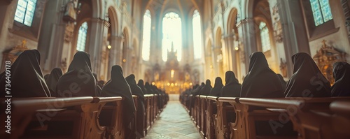 Pensive group of nuns deep in prayer within a church. Concept Serene spiritual moments, Devotion and prayer, Quiet contemplation, Sacred spaces, Inner reflection photo