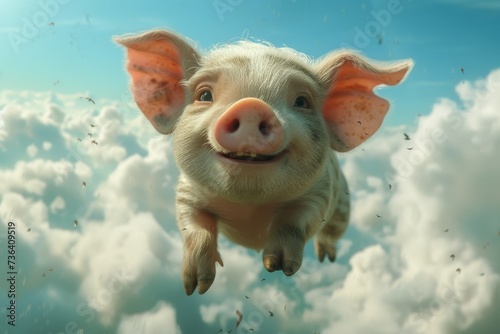 A suidae mammal defies gravity as it soars through the sky, its snout pointed towards the fluffy clouds, showcasing the unexpected beauty of a domestic pig in flight