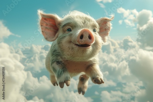 A majestic mammal soars through the sky, a swine in flight with its snout pointed towards the clouds, showcasing the freedom and wonder of the domestic pig