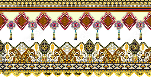 digital textile design motif with geometrical border and ethnic style decoration with botanical flowers and ornament