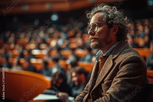 A man with curly hair and glasses, sitting thoughtfully in a lecture hall, side view.