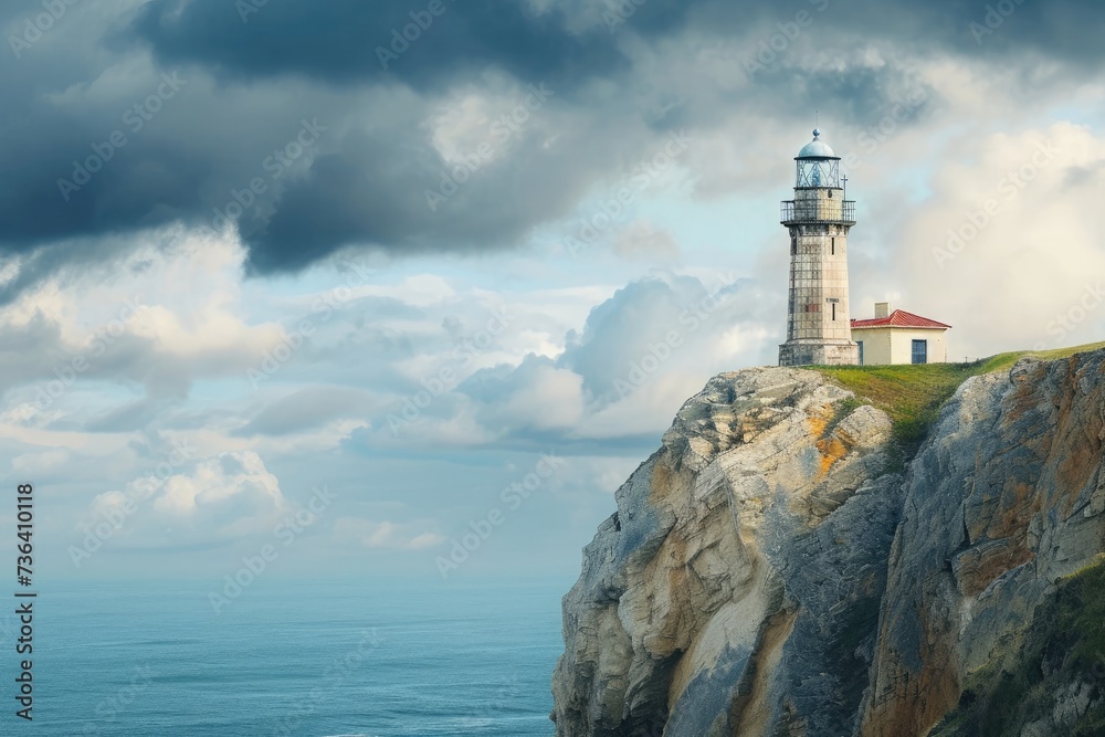 A tall lighthouse stands proudly atop a steep cliff, offering a commanding view of the vast ocean below, An old lighthouse standing as a solitary sentinel on a coastal cliff, AI Generated
