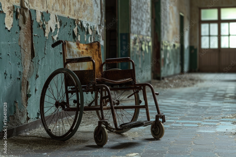 An aged wheelchair is seen resting inside a deteriorated building, An old rusty wheelchair in an abandoned hospital, AI Generated