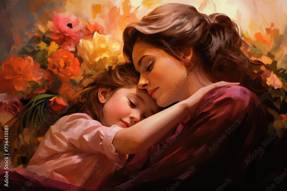 A mother hugging her little girl on a flowers background, moment of love and happiness A mother hugging her little girl on a flowers background, moment of love and happiness