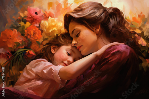 A mother hugging her little girl on a flowers background, moment of love and happiness