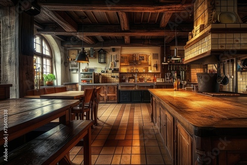 Spacious Kitchen With a Solid Wood Countertop, An old-fashioned empty restaurant kitchen with warmth of rustic colors, AI Generated