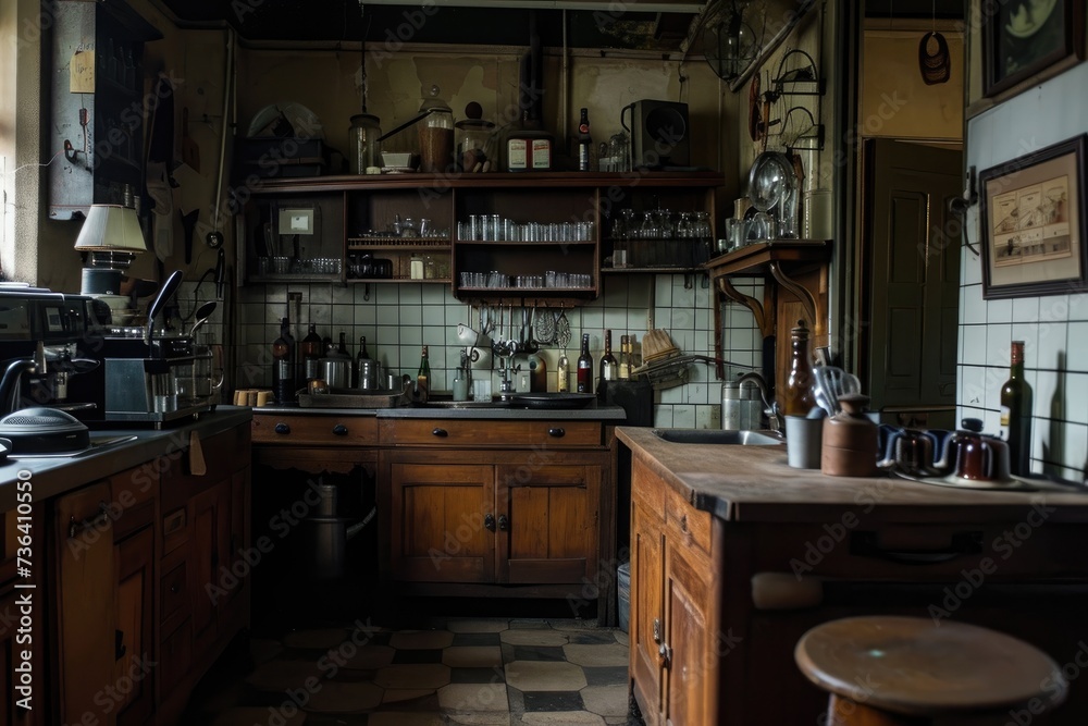 This photo showcases a roomy kitchen with an abundance of wooden cabinets, providing ample storage space, An old-fashioned pub kitchen at the break of dawn, AI Generated