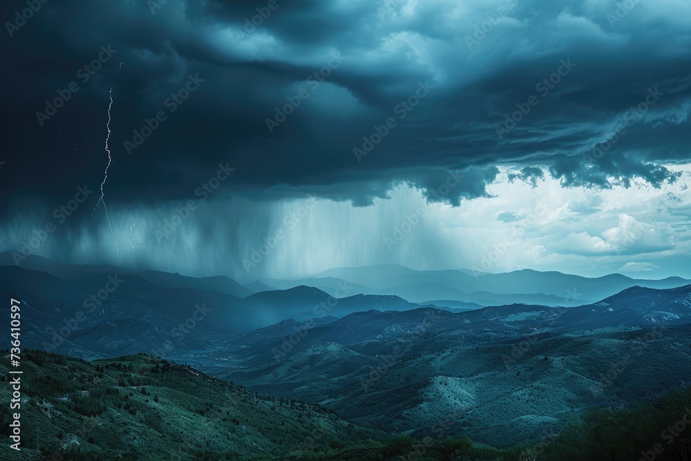 A powerful storm sweeps across the sky, casting dark clouds and eerie lighting over a majestic mountain range, An ominous thunderstorm rolling across the mountains, AI Generated A powerful storm sweeps across the sky, casting dark clouds and eerie lighting over a majestic mountain range, An ominous thunderstorm rolling across the mountains, AI Generated