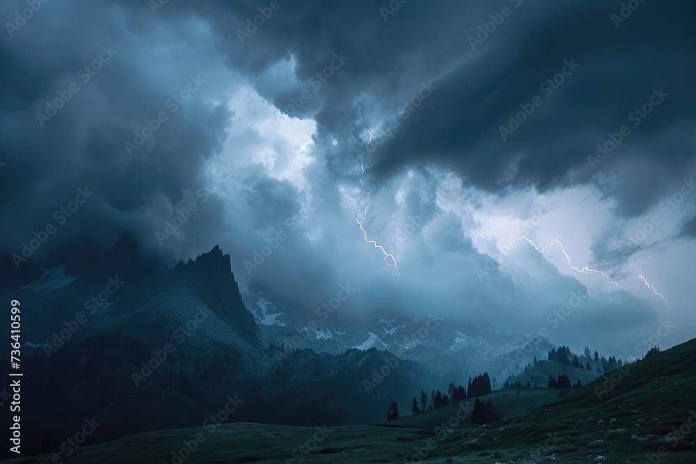 A dark and ominous thunderstorm rolls in, engulfing a majestic snow-capped mountain range, An ominous thunderstorm rolling across the mountains, AI Generated - obrazy, fototapety, plakaty 