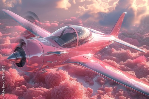 A vibrant pink airplane soars gracefully through the sky, its wings glinting in the sunlight as it passes over a sea of stunning pink trees, evoking a sense of wonder and adventure in its viewers photo