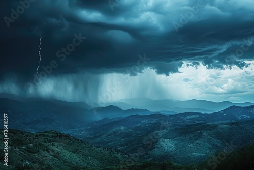 A powerful storm sweeps across the sky, casting dark clouds and eerie lighting over a majestic mountain range, An ominous thunderstorm rolling across the mountains, AI Generated © Iftikhar alam