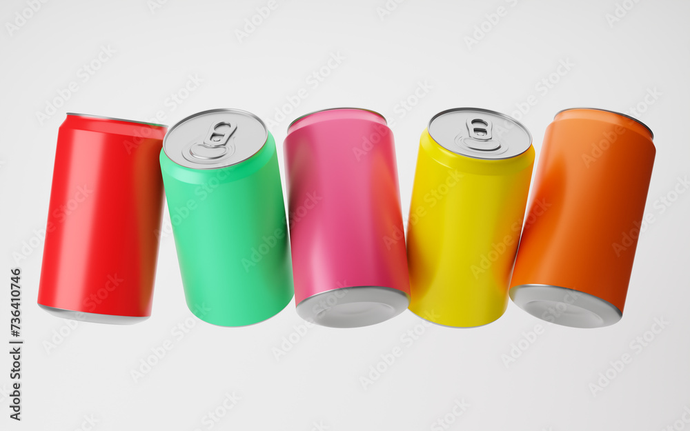 Fototapeta premium Colored aluminum soda cans isolated over white background. Mockup template. 3d rendering.