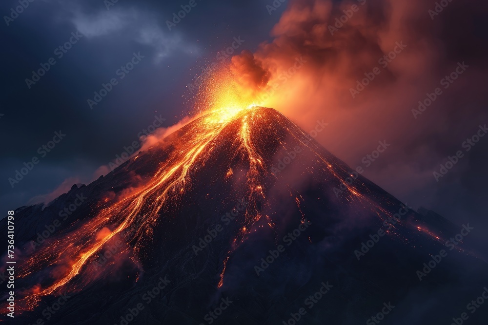 A powerful volcanic eruption sends streams of molten lava shooting into the sky, creating a mesmerizing display of raw natural power, An ominous volcano erupting at night, AI Generated