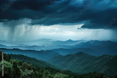 A breathtaking view captures a majestic mountain range set against a dramatic backdrop of clouds, An ominous thunderstorm rolling across the mountains, AI Generated © Iftikhar alam