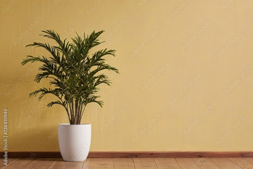 A plant in white pots with the yellow pastel wall.