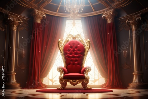Throne Room with Gold royal chair, Luxury red velvet armchair on the stage. 3d rendering, Ai generated