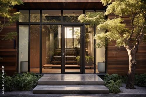 A contemporary-style house featuring a spacious glass door that allows ample natural light into the interior.