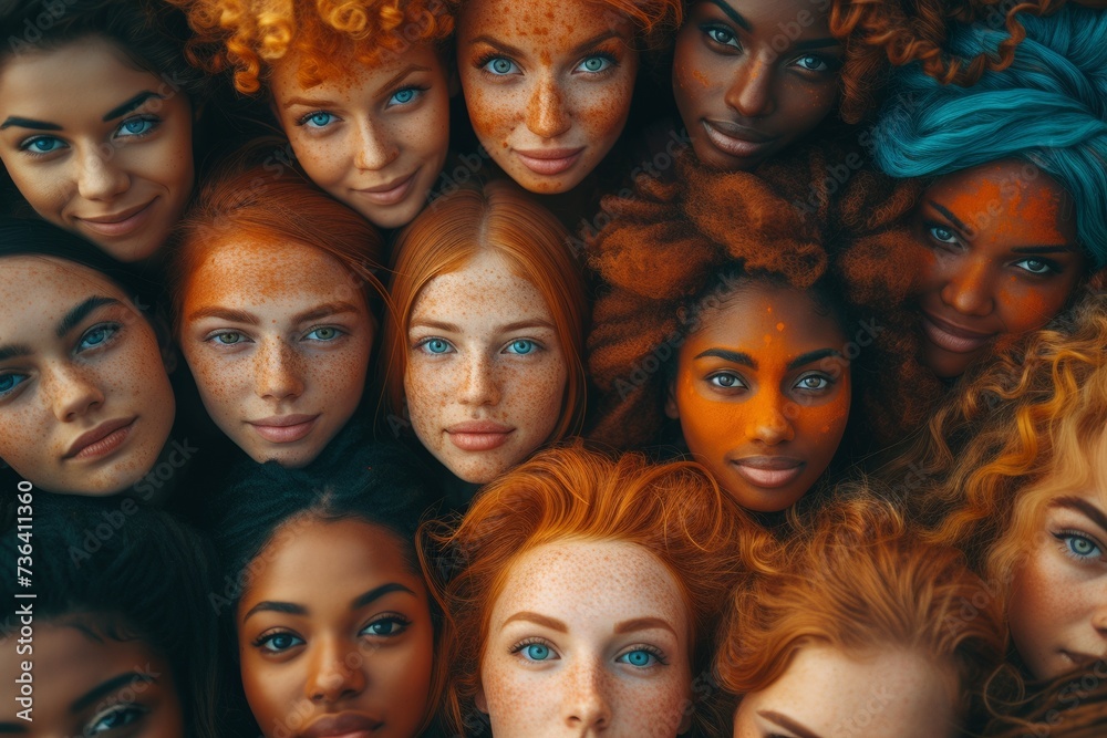 A diverse group portrait of young women with paint splashes, showcasing beauty and friendship.