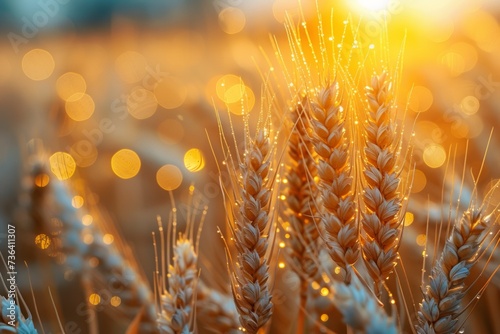 In the golden sunset, a wheat field bathed in rays, depicting agricultural beauty.