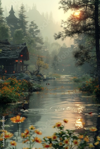 A mysterious and calm misty nature landscape by the river  with trees and foliage.