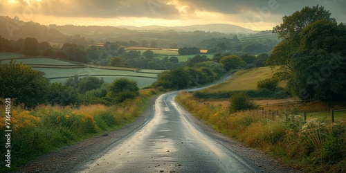 On a rural road, a vast green landscape unfolds under the dramatic sky during sunset.