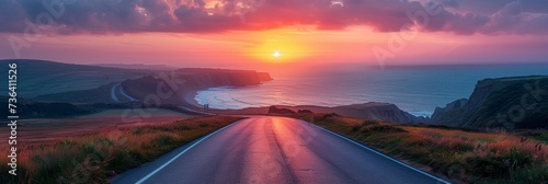 On the road to adventure, a sunset horizon unfolds, blending the beauty of nature and the vast ocean.