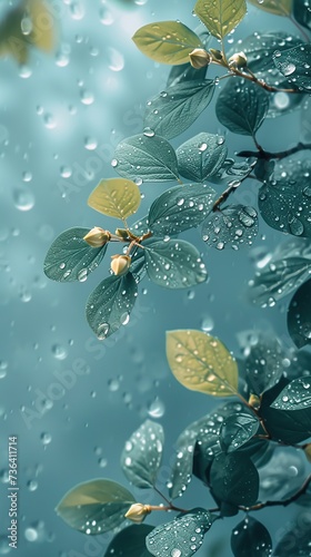 Fresh branch and leaves with raindrops on blue wall background.