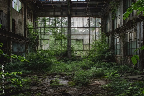 An abandoned building with multiple windows and overgrown vegetation, reflecting the neglect and decay of the structure, An overgrown, abandoned factory that nature has begun to reclaim, AI Generated