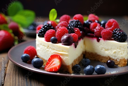 Fruity Piece cheesecake berry. Vanilla creamy dish. Generate Ai