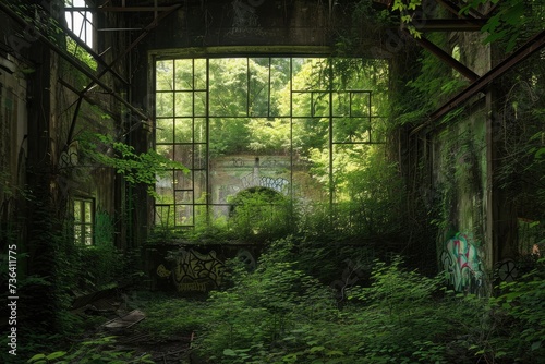 An abandoned building covered in overgrown vegetation, featuring numerous windows, An overgrown, abandoned factory that nature has begun to reclaim, AI Generated