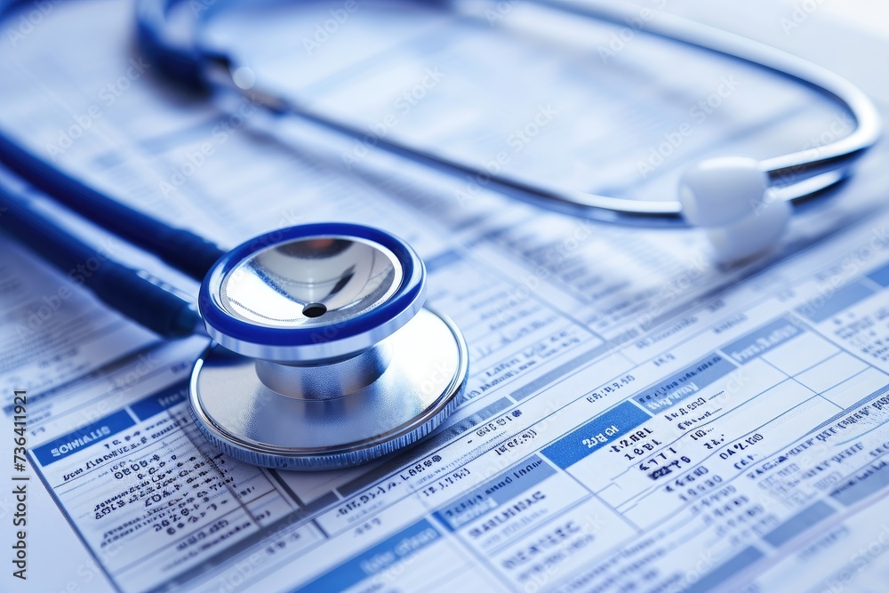 A stethoscope is positioned on a medical paper, ready for examination or diagnosis, An overhead view of a stethoscope coiled on a medical report, AI Generated A stethoscope is positioned on a medical paper, ready for examination or diagnosis, An overhead view of a stethoscope coiled on a medical report, AI Generated