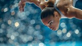 Poised in Motion: A Female Gymnast Captured Mid-Backflip at the Olympics, a Study of Grace and Athleticism Against a Bokeh Light Backdrop