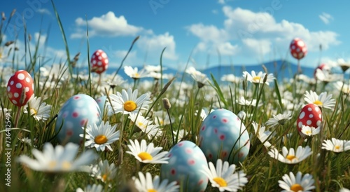 daisies  easter eggs  grassy field and clouds