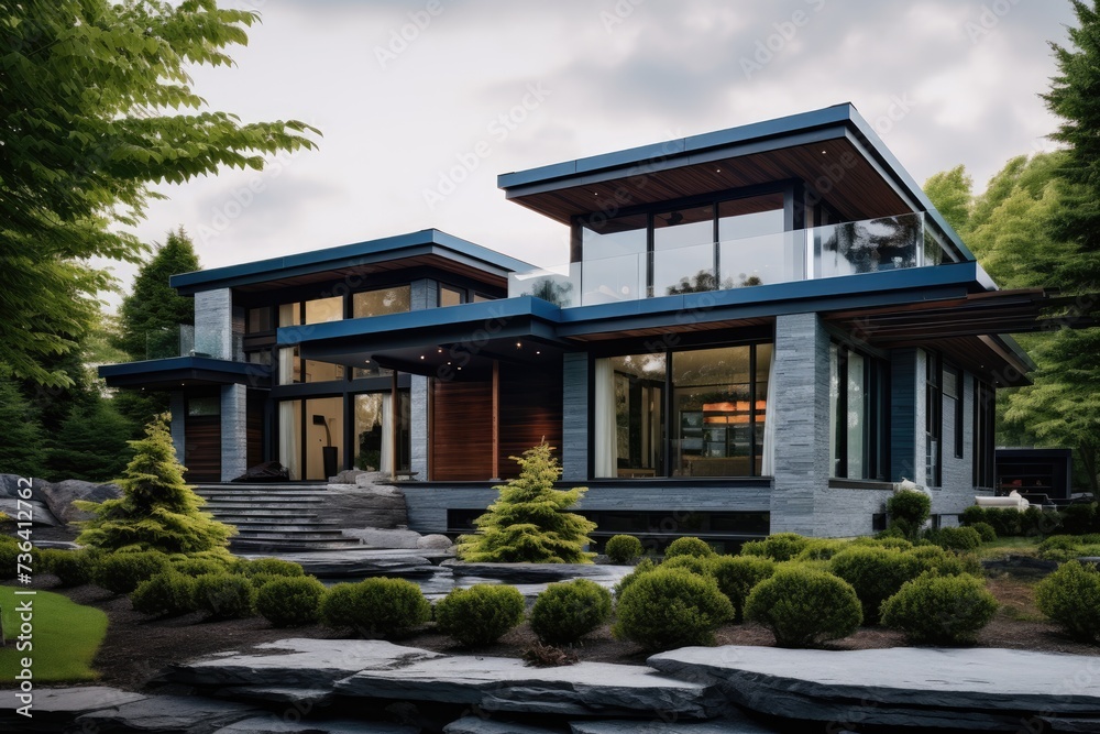 Fototapeta premium A spacious contemporary residence featuring abundant windows that maximize natural light.