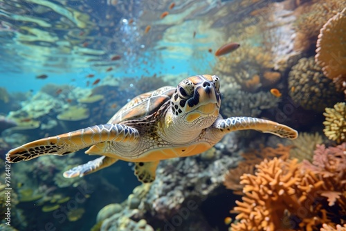 A sea turtle gracefully swims among colorful coral and other marine life in an aquarium tank, An underwater snapshot of a playful sea turtle amidst a spread of colorful coral reef, AI Generated