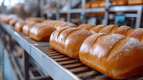 Fresh bread loaves produced by an automated bakery traveling over a conveyor belt in a factory, Generative AI.