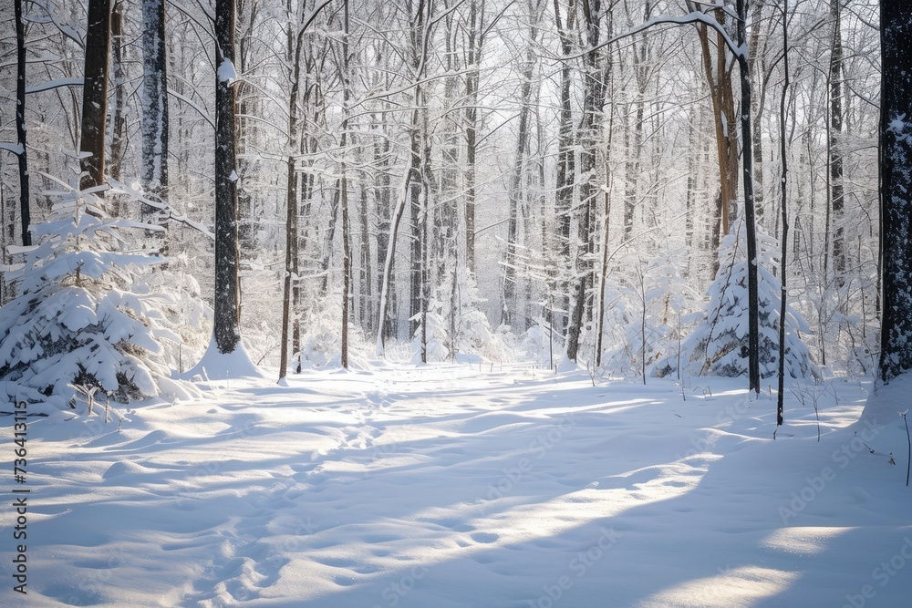 A snowy path cuts through a thick forest, creating a serene winter scene, An untouched blanket of snow covering a serene forest, AI Generated A snowy path cuts through a thick forest, creating a serene winter scene, An untouched blanket of snow covering a serene forest, AI Generated