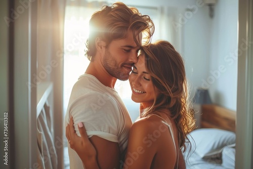 Two lovers embrace in a cozy bedroom, their faces radiating pure joy and affection, while the walls and window frame their love like a picture-perfect scene from a fairytale wedding