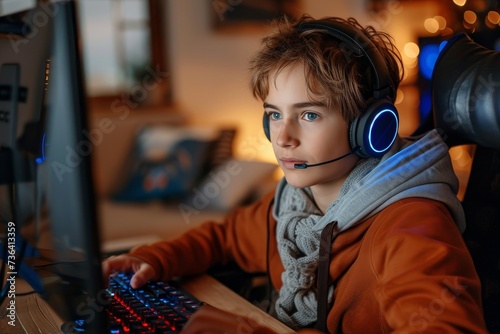 A young boy immersed in music, surrounded by technology and lost in his own world as he sits at his computer, adorned with headphones and a headset photo