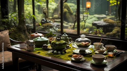A traditional Japanese tea ceremony setting with a zen garden in the background