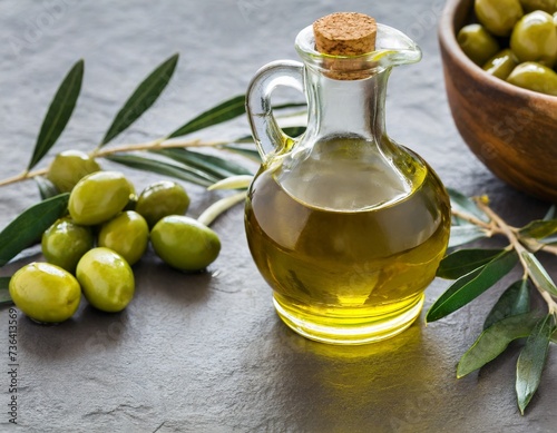 Olivenöl in Flasche mit Oliven
