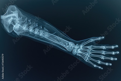 This x-ray image displays the intricate network of bones and joints within a human hand, An x-ray image of a stitched wound, AI Generated photo