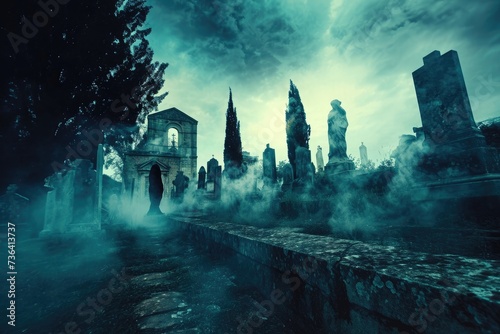 A graveyard with tombstones and crosses, set against the backdrop of a cemetery, Ancient cemetery with ghostly figures floating between the tombstones, AI Generated