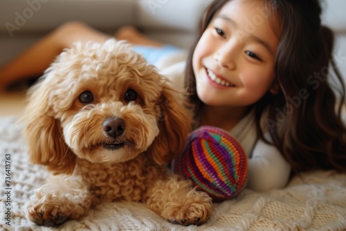 A playful labradoodle pup brings joy to a smiling girl as they relax indoors on a cozy blanket, both posing for the perfect photo photo