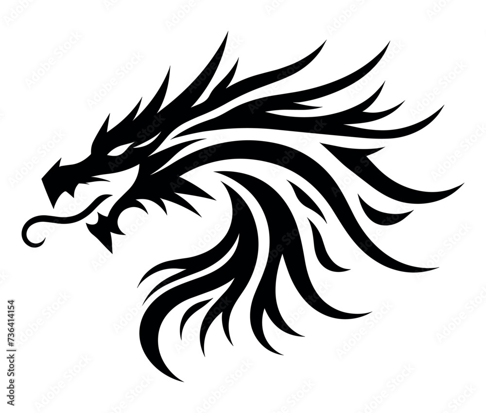 Dragon head vector illustration logo and tattoo template silhouette outline graphic isolated on white background.