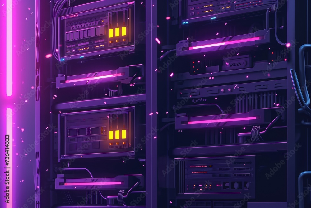 A row of high-performance servers lined up neatly in a modern data center, processing and storing massive amounts of information, Animation-style imagery of a working NAS storage system, AI Generated