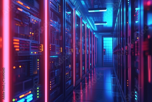 A photo showcasing rows of servers illuminated by neon lights in a bustling data center, Animation-style imagery of a working NAS storage system, AI Generated