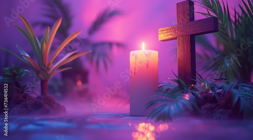 a picture of a wooden cross and a candle is next to a purple background